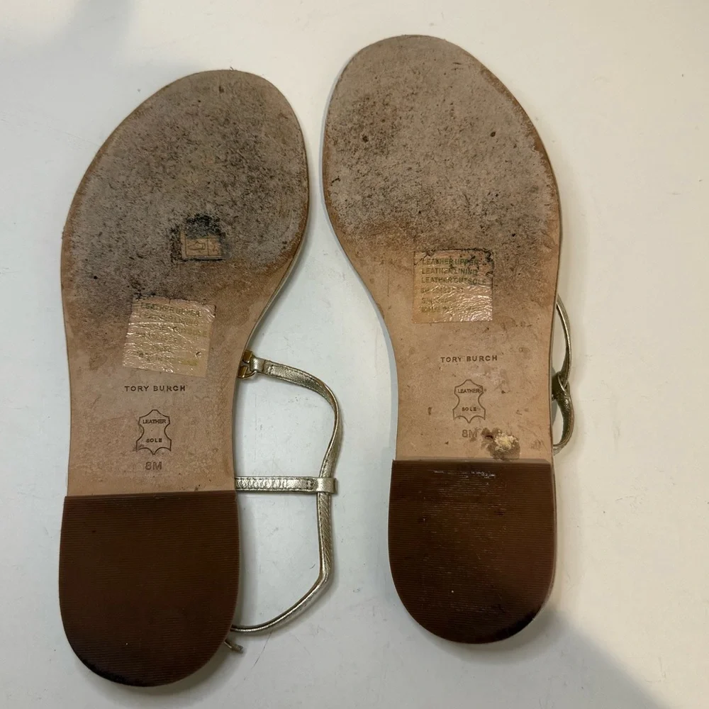 TORY BURCH Capri Strap Sandal Spark Gold Size 8 T-Strap Thong Metallic Logo